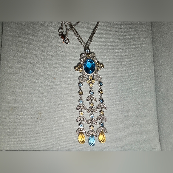 Levian Jewelry - Le Vian 18k white gold necklace with diamonds, blue topaz, citrine drop pendant